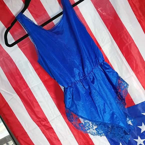 80S VINTAGE BRIGHT BLUE TEDDY ROMPER PLAYSUIT SZ S/M - Picture 7 of 8